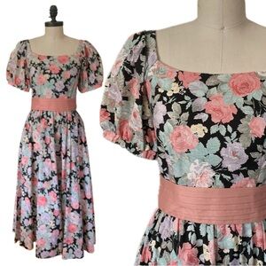 Vintage 80s LANZ Floral Puff Sleeve Full Sweep Princess Cotton Party Dress XS